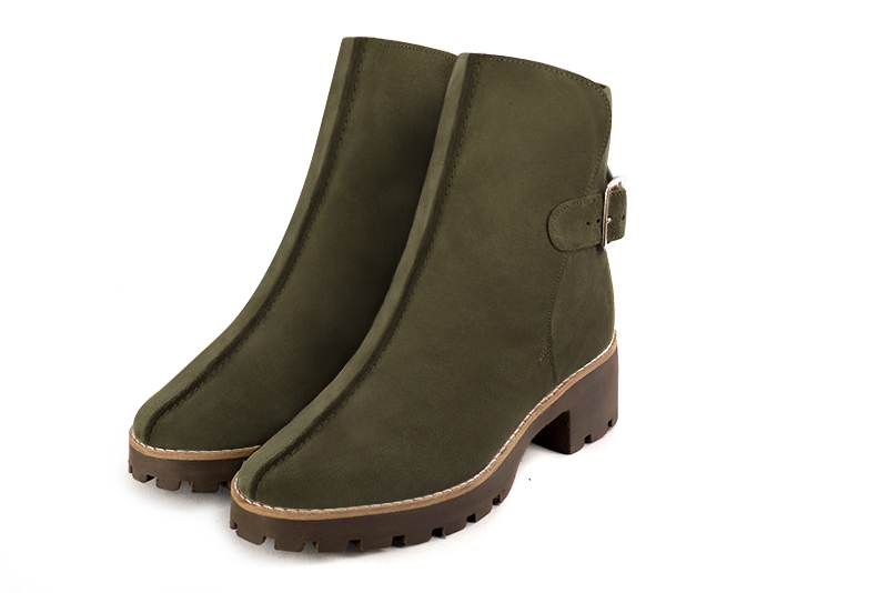 Khaki green women's ankle boots with buckles at the back. Round toe. Low rubber soles. Front view - Florence KOOIJMAN